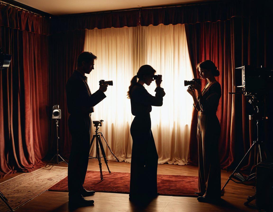 A sultry, dimly-lit film set with a director holding a script, actors in sensual poses, and a camera capturing the scene; intimate details like soft lighting, velvet curtains, and artistic portrayal of romance. painting. sensual and warm tones. shadows for depth.